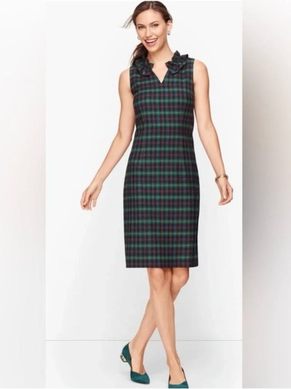 Waist 38” Talbots Green Plaid Ruffle Neck Sleeveless Dress Size 12